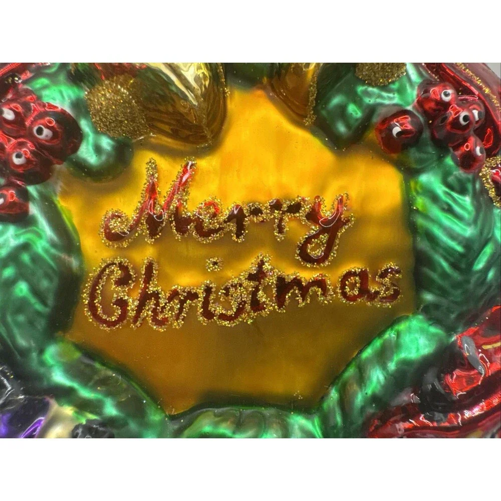 Christopher Radko Bells Bow Evergreen Wreath Textured Glass Christmas Ornament